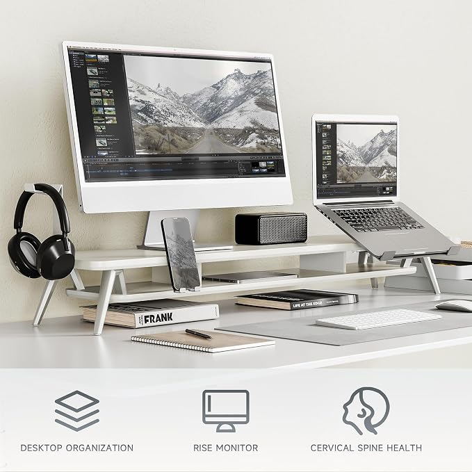 Fenge 42.5-Inch Monitor Stand Riser with Laptop, Phone & Headphone Holders | 10° Adjustable Laptop Holder, 2-Tier Storage, Dual Monitor or Monitor-Laptop Setup, Ideal for Multitasking, Gaming, Streaming