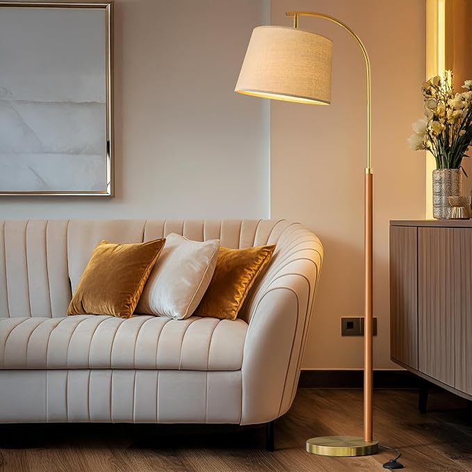 G-SAFAVA Real Wood Floor Lamps for Living Room Bedroom, 62.5" Mid Century Modern Lamp Gold Standing Tall Arc Lamps with Foot Switch, Floor Lamps for Nursery Office Decor Corner Reading Room Light
