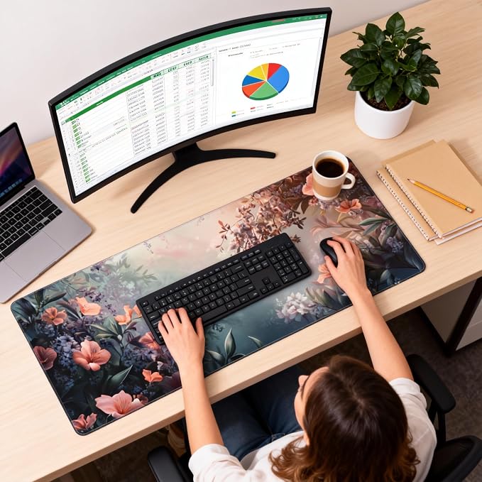 Cute Floral Aesthetic Azalea Gaming Mouse Pad, Ink Blue Red Dreamy Desk Mat with Anti-Slip Base & Stitched Edges,35.4" x 15.7" in Table Mat for Computer Desktop, Beautiful Workstation Decor