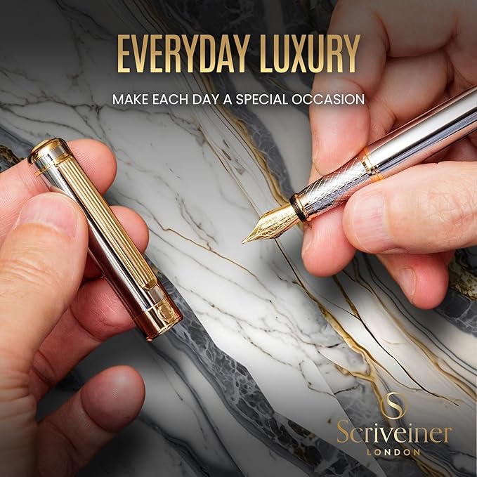Scriveiner Silver Chrome Fountain Pen - Stunning Luxury Pen, Real Gold Finish Schmidt Gilded Nib (Medium), Best Pen Gift Set for Men & Women, Professional, Executive Office, Nice Pens
