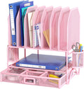 FANXIYQ Metal Desk Organizer with Sliding Drawer, 7-Section File Organizer for Desk, Desktop File Folder & Paper Organizer with 2 Hanging Pen Holders, Office Supplies Organizer, Pink