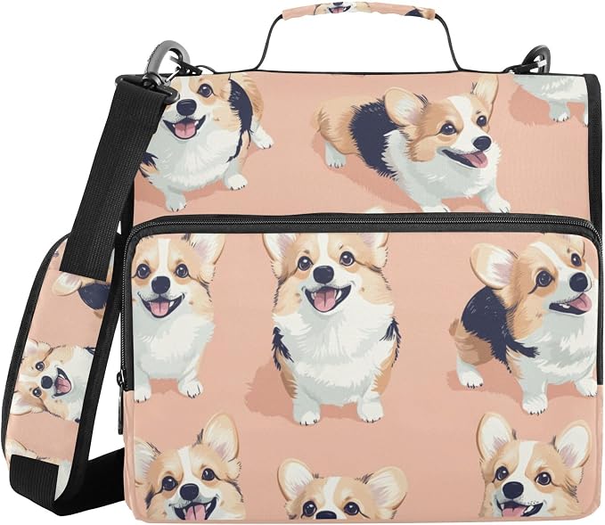 Fisyme Dogs Corgis Cartoon Zipper Binder 3 Ring with Zipper and Shoulder Strap Large Capacity Multi-Pocket Binder Organizer