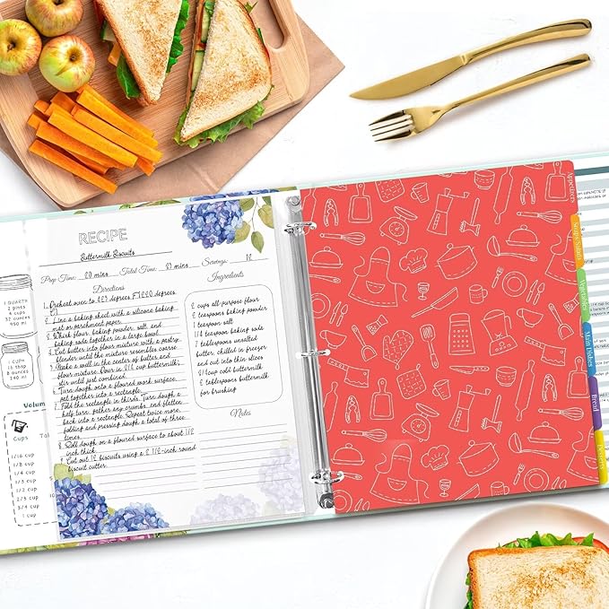 Recipe Binder 8.5x11 3 Ring with Plastic Sleeves, Blank Recipe Book Binder | Waterproof recipe binder 8.5x11 with plastic sleeves, recipe cards and gift box to make your own cookbook(Blue Hydrangea).