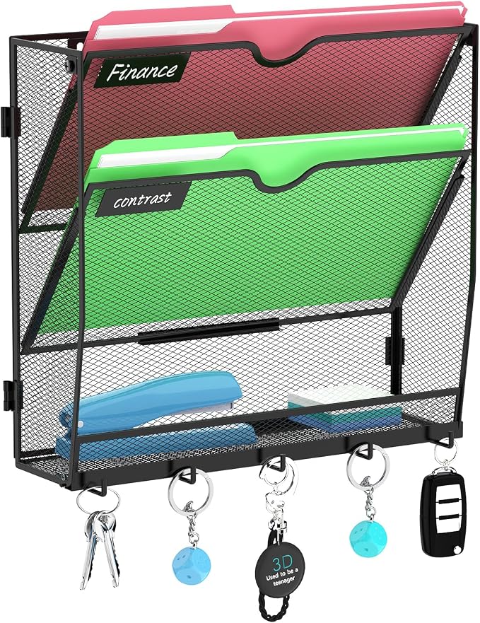 3-Tier Wall File Organizer with Hook, Hanging File Organizer Black | Wall-mounted mail storage holds papers, folders, files, clipboards and magazines, assembly required for office or home use.