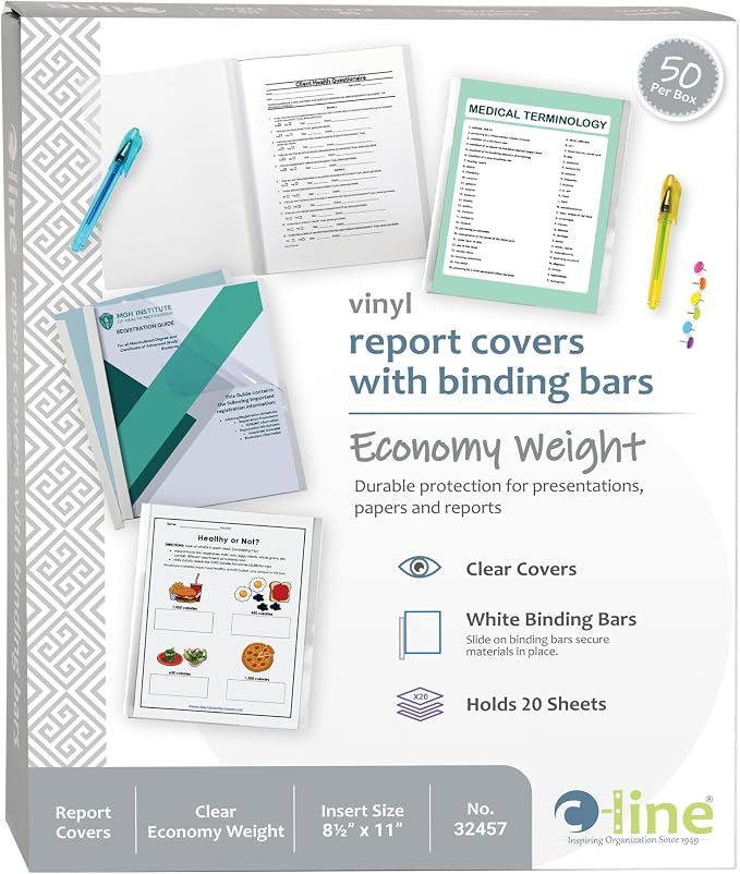 C-Line Report Covers with Binding Bars, Economy Clear Plastic, White Bars, 8.5 x 11 Inches, 50 per Box (32457) (Pack of 2)