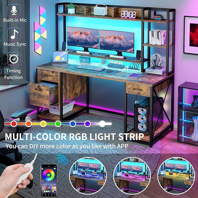 YITAHOME 59" Computer Desk with Hutch, Drawers, Power & LED, Rustic Brown | Hutch & Drawers, Built-in Power Outlets, Gaming Desk with LED Lights, Storage Shelves, for Home Office Gaming