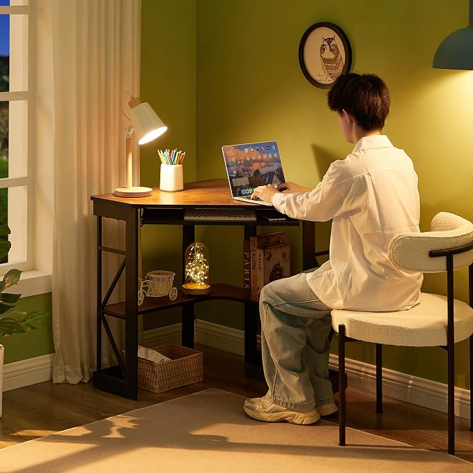 VECELO Corner Desk Computer Desk Writing Table with Smooth Keyboard Tray&Storage Shelves for Small Spaces/Compact Home Office Triangle Table,Teak Brown