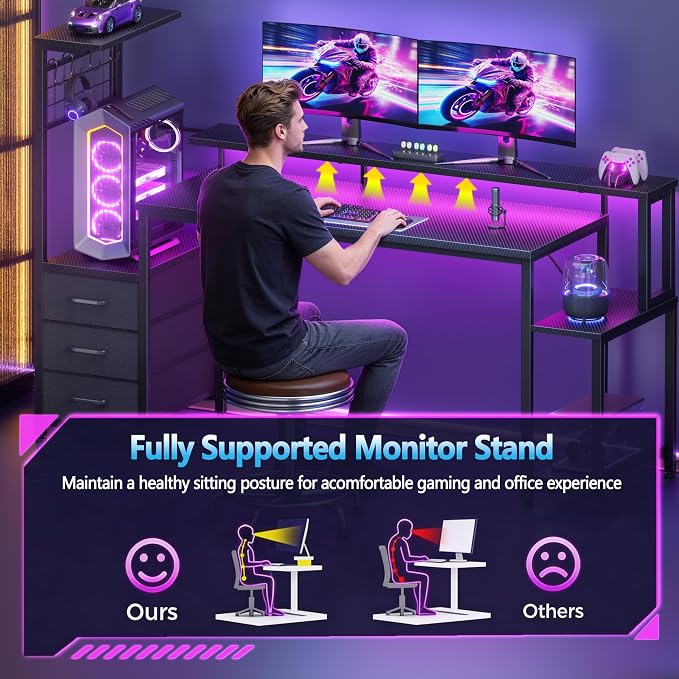 Korfile 63 Inch Gaming Desk with Bluetooth LED Lights & Power Outlets,Computer Desk with Fabric Drawers & Hooks,Reversible Gamer Table with Monitor Stand for Game Room,Home Office,Carbon Fiber Black | Reversible，Computer Desk, Gamer Table, Bluetooth LE...