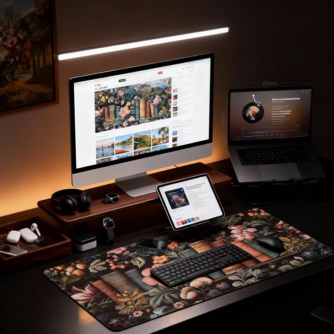 Dark Academia Desk Mat, Floral & Book Pattern XXL Mouse Pad with Anti-Slip Base & Stitched Edges, Large Desk Pad for Computer Keyboard, Office & Home Decor for Women