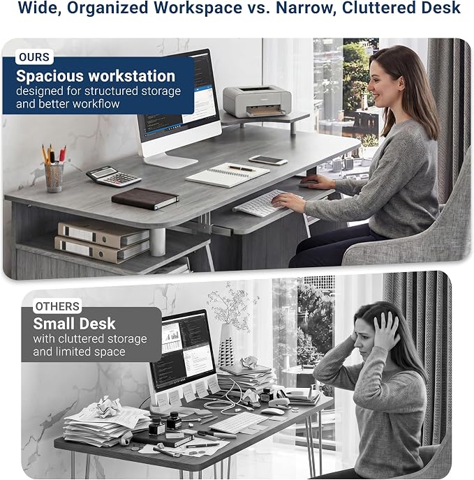 Techni Mobili 47" Computer Desk w/Drawers, Storage & Printer Shelf, Grey | 47" desk with drawers, printer shelf, pull‑out keyboard tray, open storage, sturdy frame, spacious workstation home office