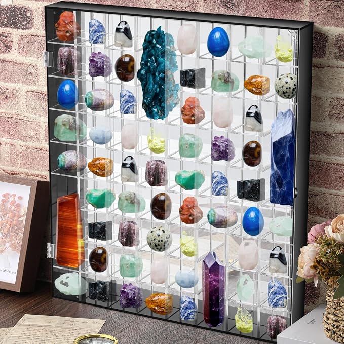 Cinnvoice Rock Display Case 72 Grids,Black Border,Square | Adjustable Acrylic Display Case, Crystal Organizer for Collectible, with Built-in Mirrored, Magnetic Door, Wall Mount