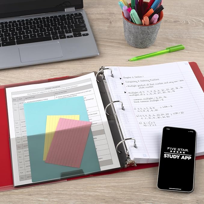 Five Star 3-Ring Binder + Study App, 6 Pack, 1.5 Inch Binder with D Rings and Customizable Clear View Cover, 375 Sheet Capacity, Assorted Colors (261460-23)