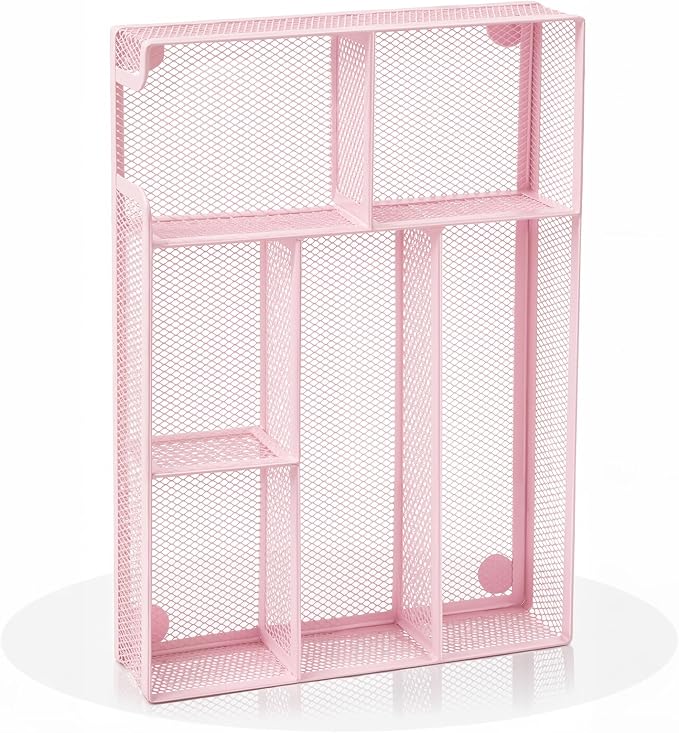Desk Drawer Organizer, Office Drawer Divider Organizer Tray with 6 Compartments, Metal Mesh Desktop Organization and Accessories for Stationery Makeup Kitchen Toolroom School ＆Office (Large-Pink)