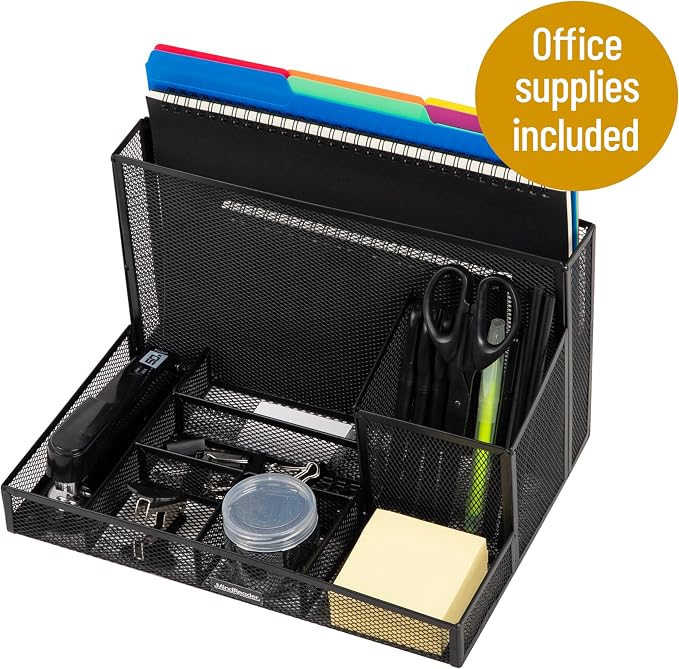 Mind Reader Desktop Organizer with Office Supplies Included, Vertical File, Storage, Metal, 12.5"L x 9"W x 7.25"H, Black