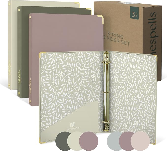 3 Ring Binder 1-Inch Rings – 3-Pack of Cute Binders with Pockets, Gold-Foil & Metal Corners – 1 Inch Binders 3 Ring Cute for School, Office & Work – 1" Pastel Three-Ring Binder One Inch
