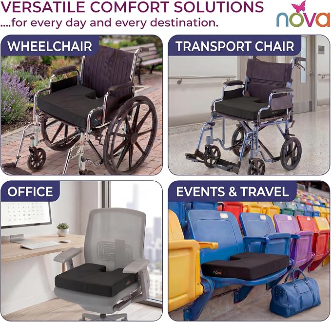 NOVA Medical Products Coccyx Gel Memory Foam Seat & Wheelchair Cushion in 4 Sizes, Comfortable on the Tailbone Cushion with Removable Water Resistant Cover, 3” Thick Gel Memory Foam Seat Pad with Attachment Straps, Black, 3" x 18" x 16" (2603C-3-1816)