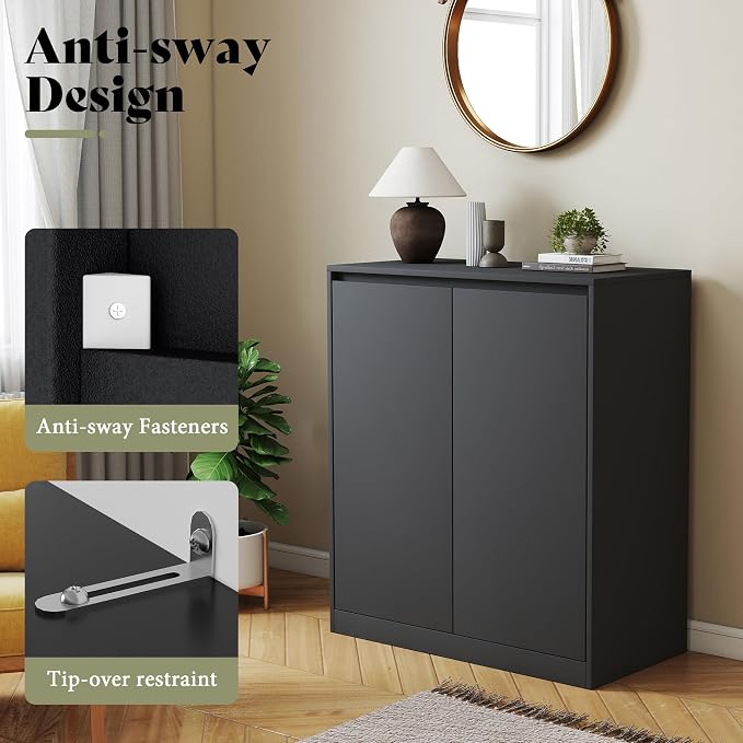 AMERLIFE Storage Cabinet with 2 Doors, 32 x 16 x 36 Inch | Modern Storage Case and Display Shelf for Collectibles, Black
