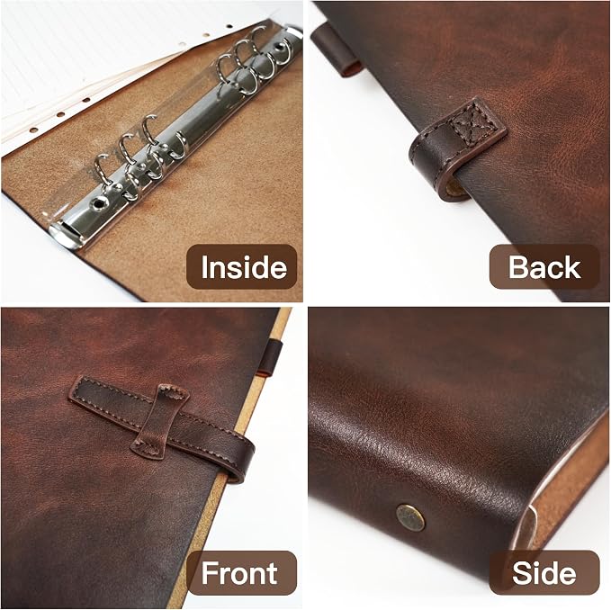 Refillable A5 Leather Binder Notebook, Reusable Leather Journal, Vintage Organizer with 6-Ring Metal Binder, 120 Pages Lined Paper & Pocket, for Writers Business Work Study College and Daily