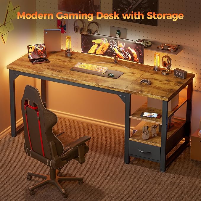 54 in Computer Desk with Drawer, 1" Thick Reversible Office Desk | Large Modern Writing Table with Storage Shelves, Heavy Duty Industrial Executive Desk for Home Bedroom Study Work