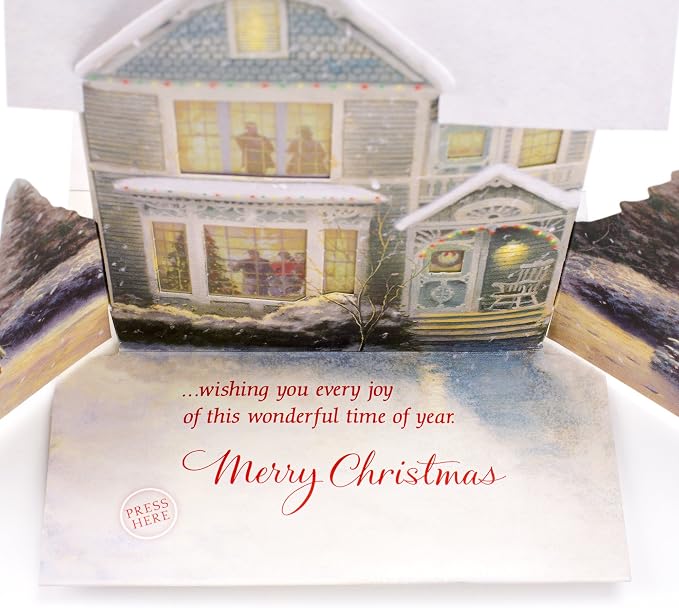 Hallmark 0899XSO1002 Christmas Pop Up Card with Light and Song (Displayable Dimensional Thomas Kinkade House Plays We Wish You a Merry Christmas), Snowy House
