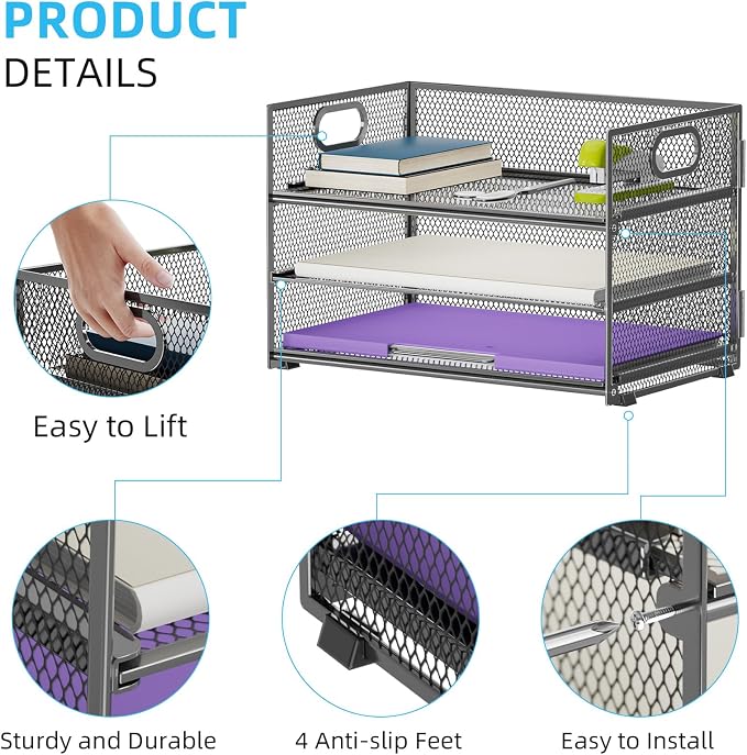 Marbrasse 3 Tier Paper Organizer Letter Tray, Mesh File Organizer with Handle, Paper Sorter Desk Organizer for Home Office Supplies - Gray