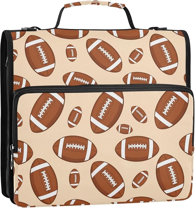 Sports Football Khaki Print Zipper Binder Bag 3 Ring with Shoulder Strap & Handle Multi Pocket Binder Organizer Bag Large Capacity for School Office Supplies