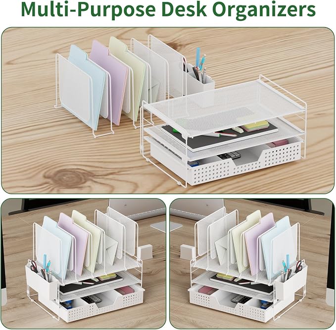 LEKETREE Desk Organizer, Office Organization with Vertical File Holder, File Organizer with Drawer and Pen Holder, Desk Accessories and Workspace Organizers for Home Office (White)
