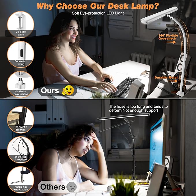 Airlonv LED Desk Lamp with Clamp, 17" Stepless Dimming Light, White | 2700K-6500K, 100 LEDs, 360° Gooseneck, Fits Up to 30" Monitors, Flicker-Free Lighting for Home Office, Study& Workbench