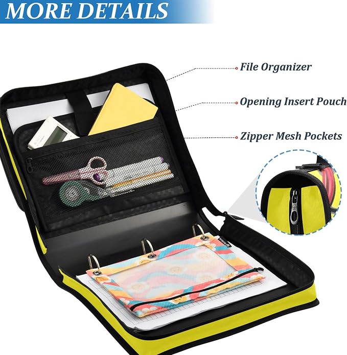 Fisyme Softball Baseball Yellow Zipper Binder 3 Ring with Zipper and Shoulder Strap Large Capacity Multi-Pocket Zipper Binder Organizer
