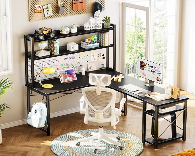 ODK L Shaped Gaming Desk with Hutch, Computer Desk with Storage Shelves, 66" L Shaped Desk for Home Office, Corner Desk with Headphone Hook, Black | Computer Desk with Storage Shelves, L Shaped Desk for Home Office, Black Corner Desk