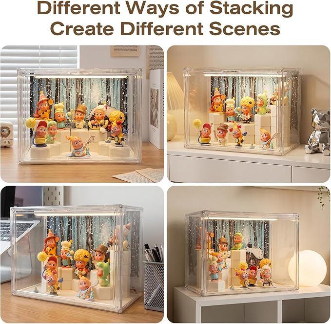 Clear Acrylic Display Cases for Collectibles with LED Light,DIY Scene, with Backdrop, No Dust , No Moisture, for Figures Collection Display Cabinet (36x23x27cm/ 14x 9x10.6 in)