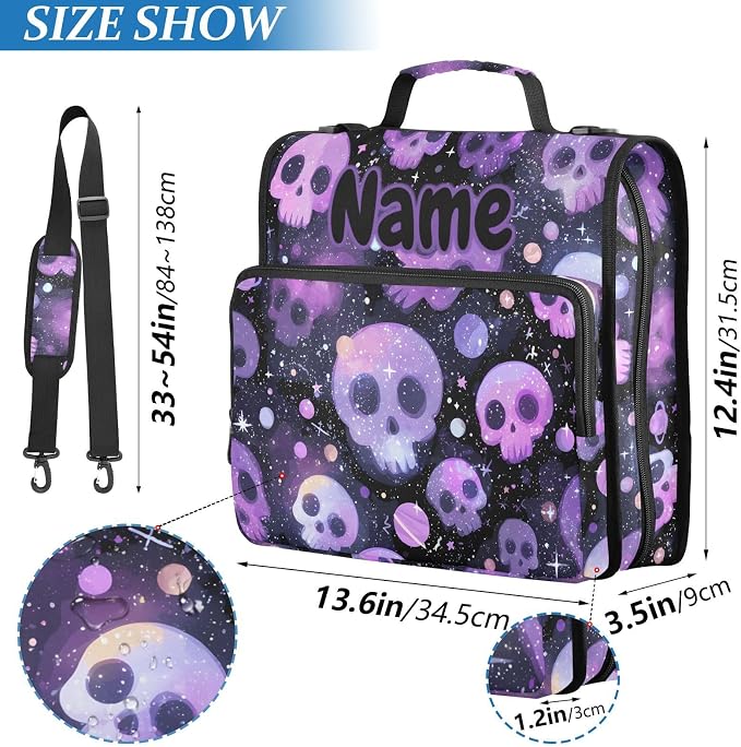 Custom Purple Skulls Black Background 3 Ring Binder Bag 1.5 inch Personalized Name Binder Organizer 500 Sheet Documents Storage for School Office