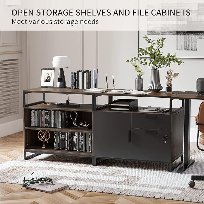 BANTI 66 Inches L Shaped Standing Desk with Drawers & Shelves, Executive Desk Adjustable Height Desk, Desk with Storage, Black Walnut Top/Black Frame