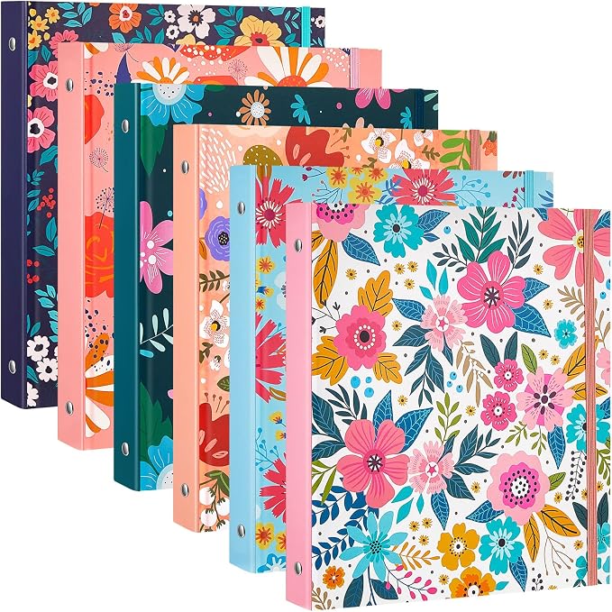 6 Pack Mini Binders 5.5 x 8.5 Three Ring 1 Inch Marble Binder with Elastic Cord Cute Hardcover Marble Binder Floral for School Office Home Photo Album Pages(Floral Style)