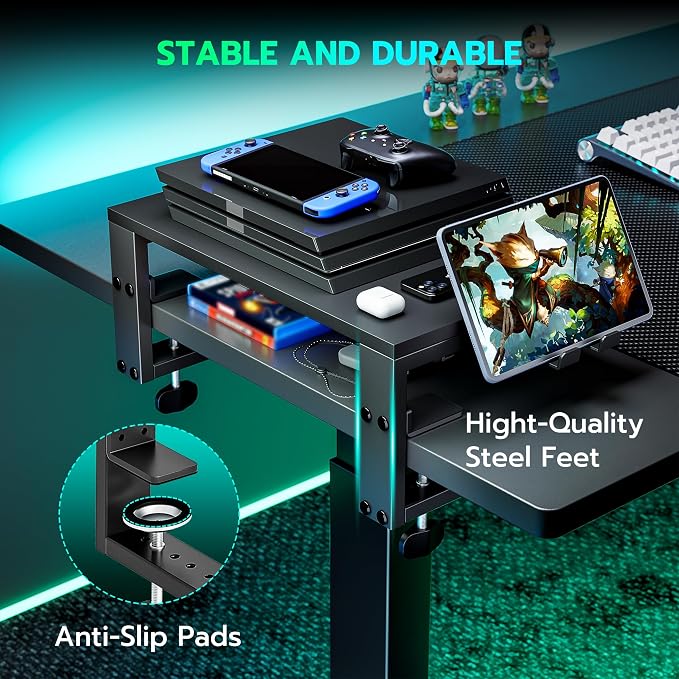 ARES WING Clamp-On 15" 3-in-1 Heavy Duty Desk Shelf Extender Black | Phone Headset holder Clamp Desk Extender Shelf,Desktop Organizer for Gaming and Office Accessories