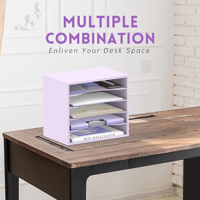 5 Tier Wood Desk Organizer, Paper Organizer for Desk, Purple | Wooden Desktop Organizer for Sorting Papers, Letters and Mails, Literature Organizer for Home Office, Classroom Organization