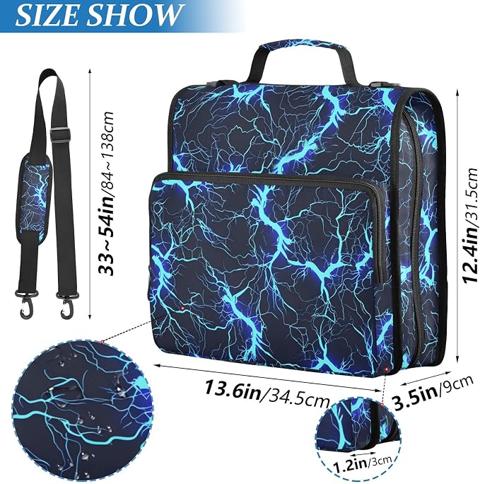 Blue Black Electric Lightning 3 Ring Binder Bag 1.5 inch Binder Organizer with Zipper Shoulder Strap 500 Sheet Documents Storage for School Office
