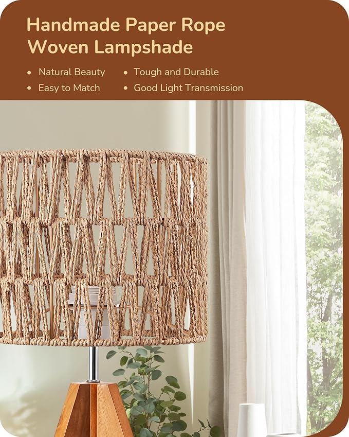 EDISHINE Rattan Small Table Lamp, Boho Nightstand Lamp, 14.2", E26 Base | Natural Style, Wood Tripod Base, Rosewood Color & W-Pattern Shade, Bedside Lamp for Living Room, End Table, Office