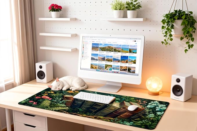 Floral Aesthetic Book Gaming Mouse Pad, Forest Green Moody Forest Desk Mat with Anti-Slip Base & Stitched Edges, Computer Keyboard & Laptop Pad, 35.4" x 15.7" in in Workstation Accessories