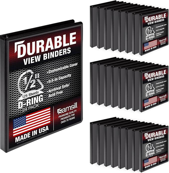 Samsill Durable 0.5 Inch Binder, D Ring Binder, Customizable Clear View Cover, Black, 24 Pack, Each Holds 125 Pages