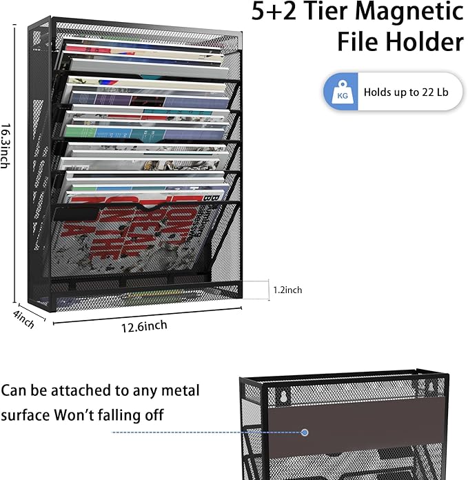 7-Tier Magnetic File Holder, No Drilling Wall File Organizer, Hanging File Organizer, Vertical Holder Rack for File Cabinets, Whiteboard, Refrigerator