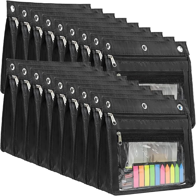 YoeeJob 18 Pack 1 Inch Expandable Zipper Pencil Pouches with Clear Window for 3 Ring Binder, Suitable for School & Office（Black）