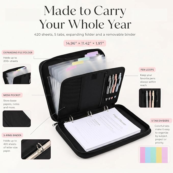 Sturdy 3 Ring Zipper Binder with Strap for School - Beautiful 1 Inch Zip Up Binder with 5-Tab Dividers Holds 420 Sheets, Books & Laptop - Easy to Carry Trapper Keeper Made of Premium Fabrics