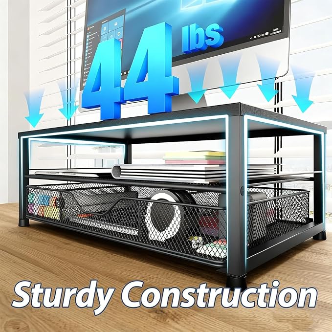 Desk Organizer and Accessories, 2-Tier Computer Monitor Stand Riser with 2 Drawer and 2 Pen Holders, Laptop Stand, Office Desk Accessories for Office Supplies, Black Plastic