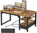 54" Computer Desk with Drawer, 1.2" Thick Reversible Office Desk | Modern Writing Table with Power Outlets & Storage Shelves, Heavy Duty Industrial Executive Desk for Home Bedroom Study Work