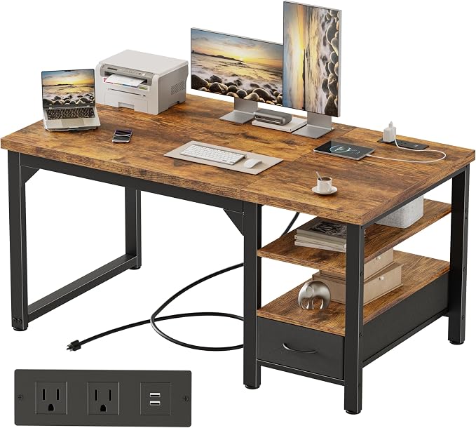 48" Computer Desk with Drawer, 1.2" Thick Reversible Office Desk | Modern Writing Table with Power Outlets & Storage Shelves, Heavy Duty Industrial Study Desk for Home Bedroom Work
