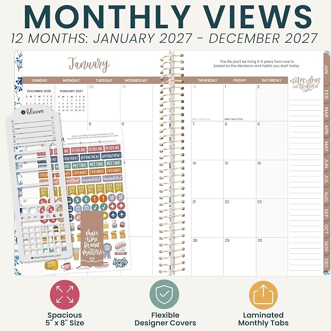 bloom daily planners 2027 Planner (January - December 2027) - Weekly & Monthly Softcover Planner for Women - Calendar Year Inspirational Agenda Book with Stickers - 5.5" x 8.25" - Blue & White Floral