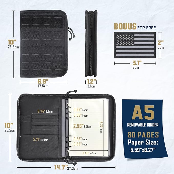 Molle Notebook Cover with Detachable A5 Clear Plastic 6-Ring Binder | 6.9x10" Zip Book Cover, 80 Refill Line Papers, 1“ O-Ring Padfolio binder, for Gift Planners Travel Feild Work School