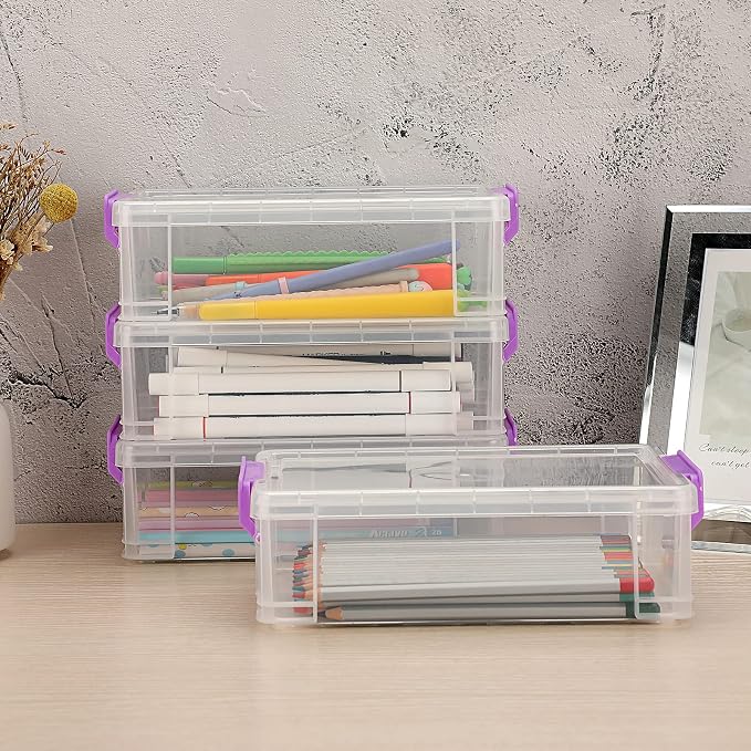 BTSKY 4 Pack Extra Large Plastic Pencil Box Stackable, Translucent, Purple | Clear Pencil Caase Crayon Box Set Marker Organizer Art Supply Storage Organizer for Gel Pens Pencils Erasers Tape Markers etc