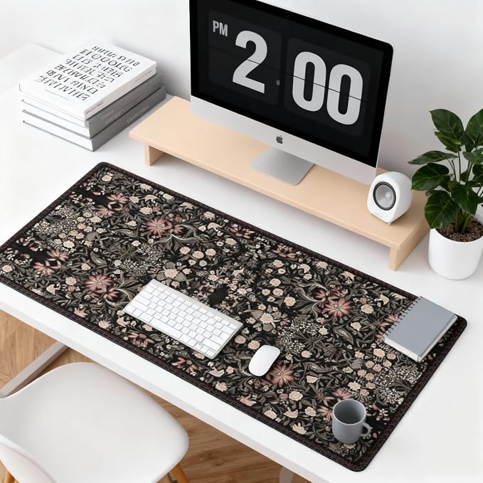 Floral Aesthetic Wildflower Gaming Mouse Pad, Black Rug Desk Mat with Anti-Slip Base & Stitched Edges,35.4" x 15.7" in Desk Accessories for Women, Home Office Decor & Artistic Gift